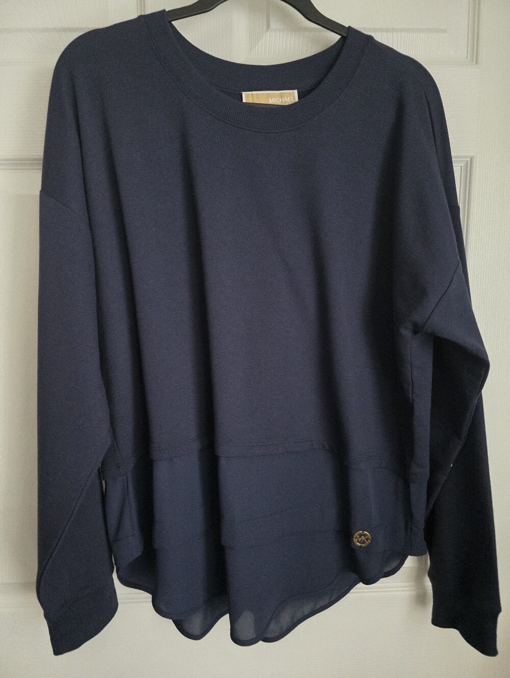 MICHAEL Michael Kors Mixed Media Georgette Layered Trim Sweatshirt Top Navy XL